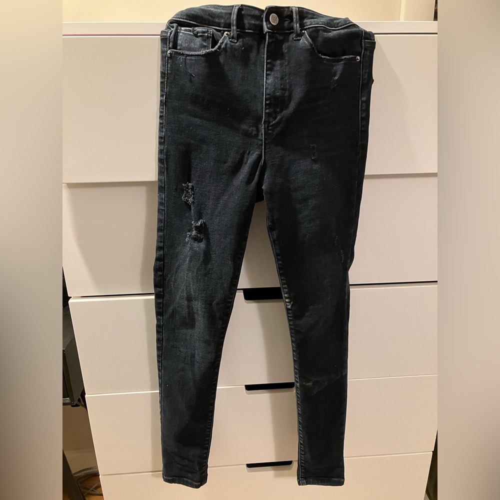Dark Blue Stretch Denim Skinny Jeans with Rips and Weathering